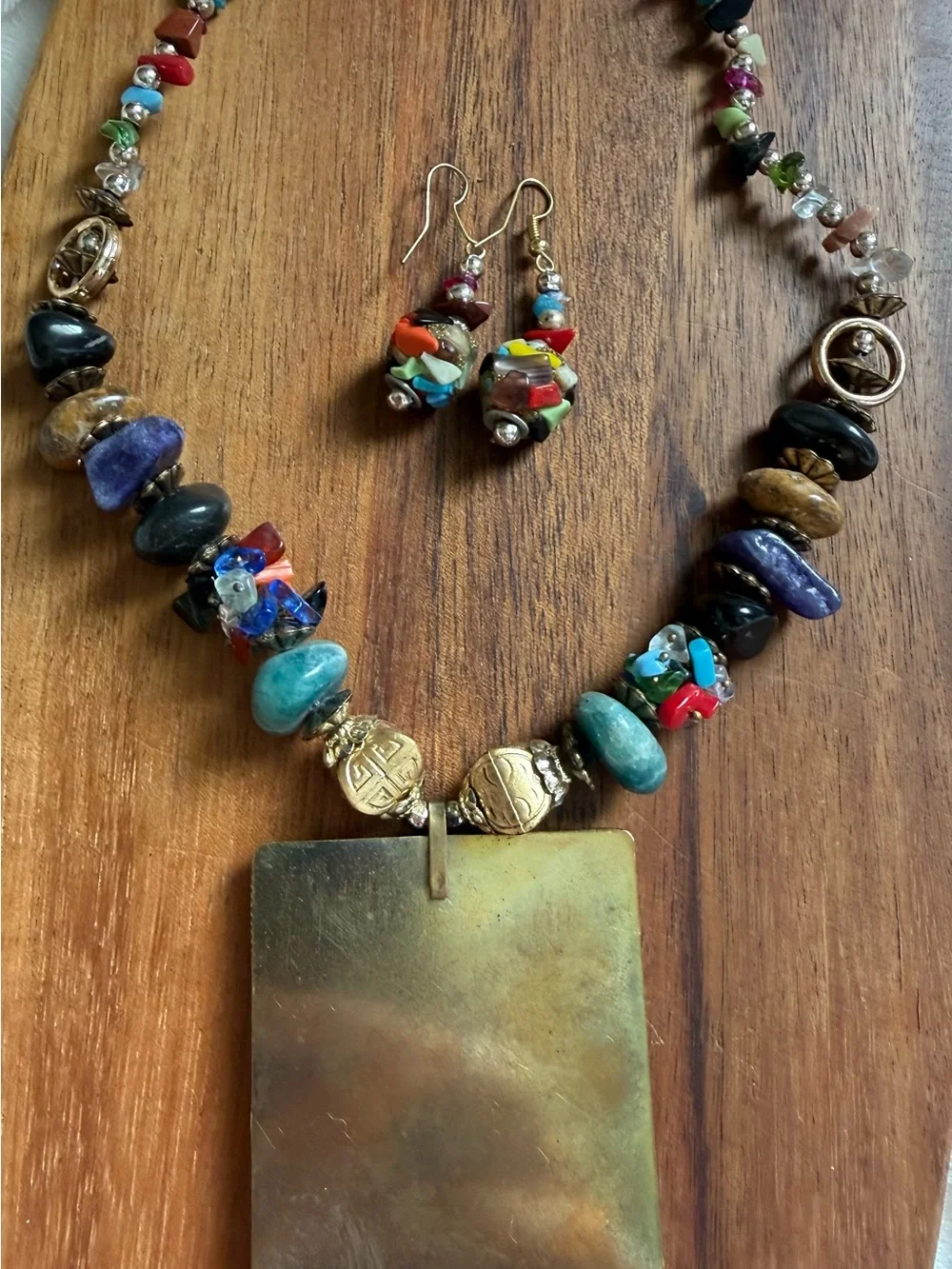 Vintage Artisan Multicolor Gold-Tone Beaded Gemstone Necklace Matching Earrings